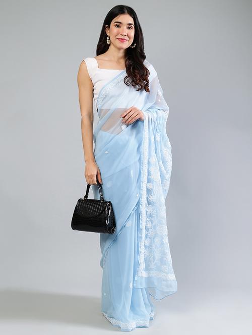 women light blue chikankari work saree with blouse - 21840108 - Very Small Image - 1