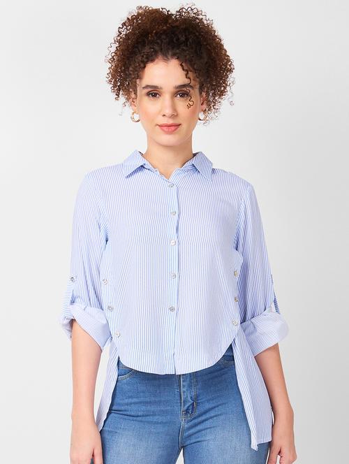 women striped roll-up sleeves high low shirt - 21840183 - Very Small Image - 1