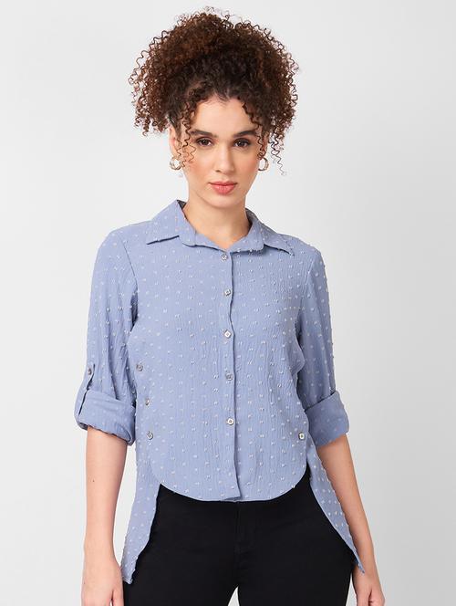women self designed roll-up sleeves high low shirt - 21840184 - Very Small Image - 1