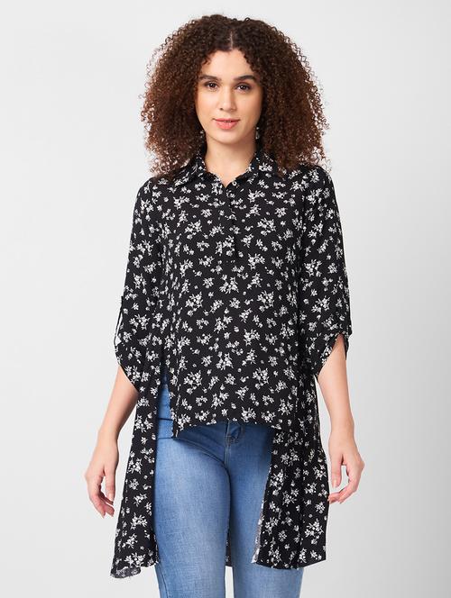 women printed roll-up sleeves high low shirt - 21840191 - Very Small Image - 1