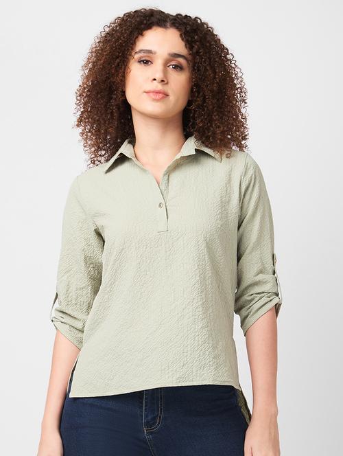 women solid roll-up sleeves high low top - 21840195 - Very Small Image - 1