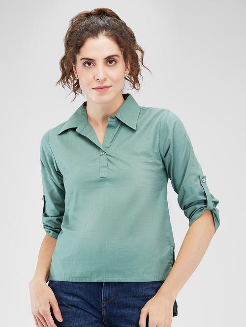 women solid roll-up sleeves high low top - 21840197 - Very Small Image - 1