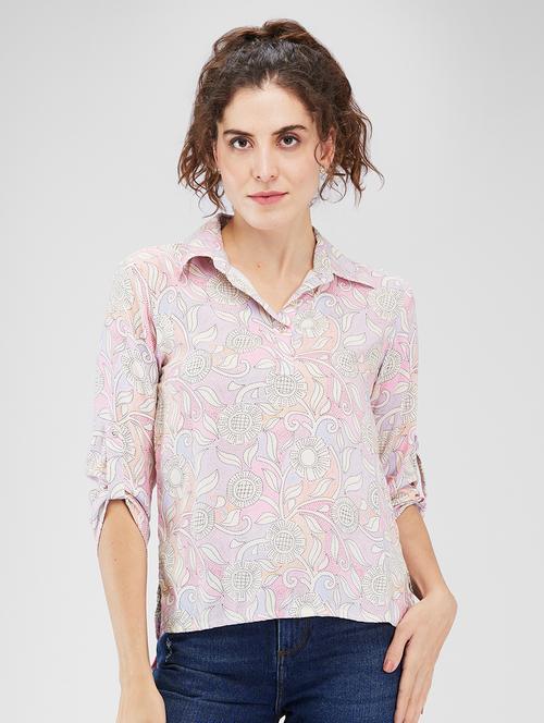 women printed roll-up sleeves high low top - 21840198 - Very Small Image - 1