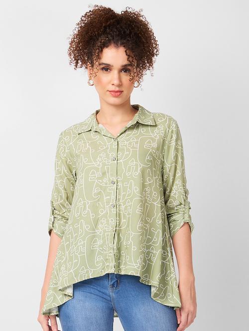 women printed roll-up sleeves high-low shirt - 21840204 - Very Small Image - 1