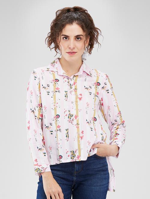 women floral print long sleeves high-low top - 21840209 - Very Small Image - 1