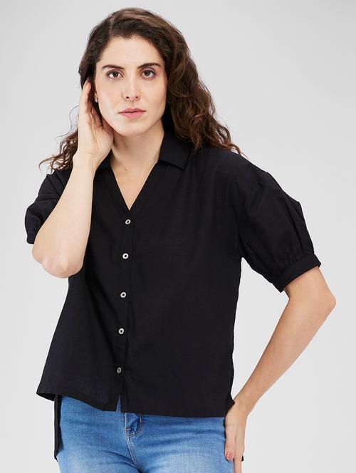women puff sleeves collared high-low shirt - 21840210 - Very Small Image - 1