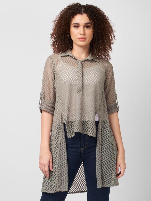 women roll-up sleeves collared high-low top - 21840252 - Very Small Image - 1