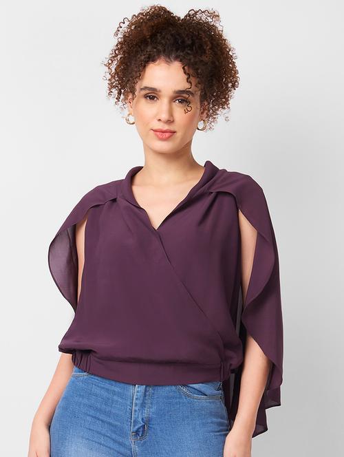women solid cape sleeves regular top - 21840253 - Very Small Image - 1