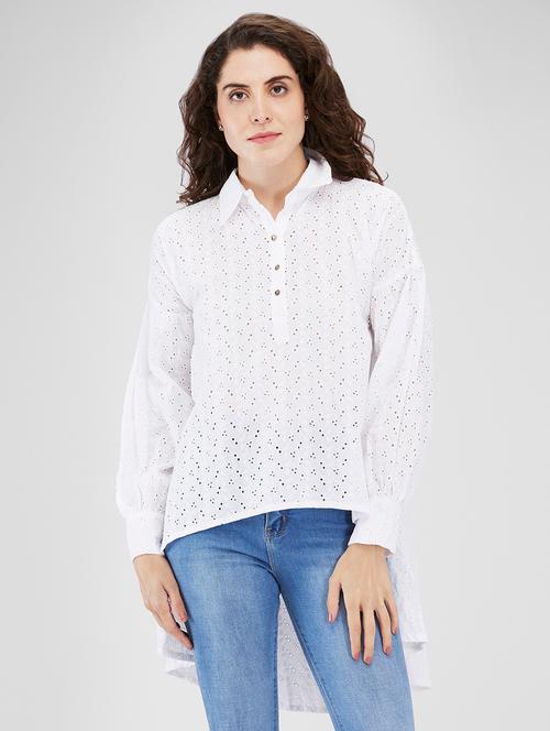 women long sleeves high-low schiffli top - 21840254 - Very Small Image - 1