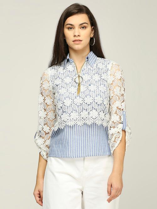 women striped roll-up sleeves lace detailed top - 21840264 - Very Small Image - 1