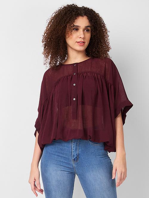 women solid short sleeves blouson top - 21840316 - Very Small Image - 1