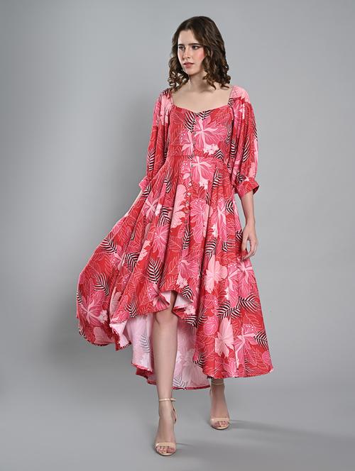 women printed puff sleeves high low dress - 21840325 - Very Small Image - 1