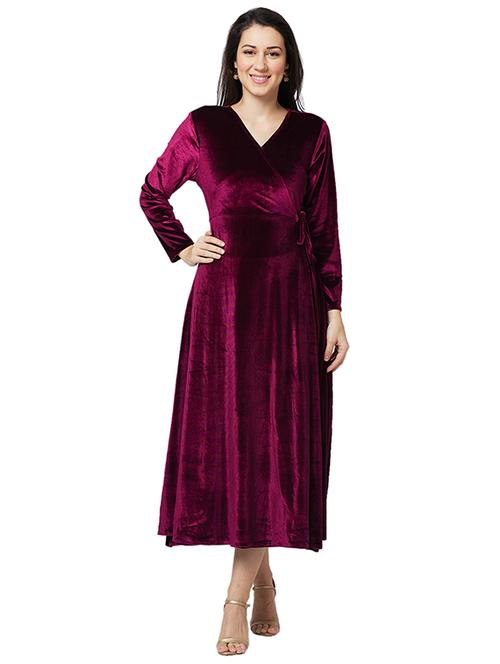 women solid overlap neck long sleeves fit & flare dress - 21840383 - Very Small Image - 1