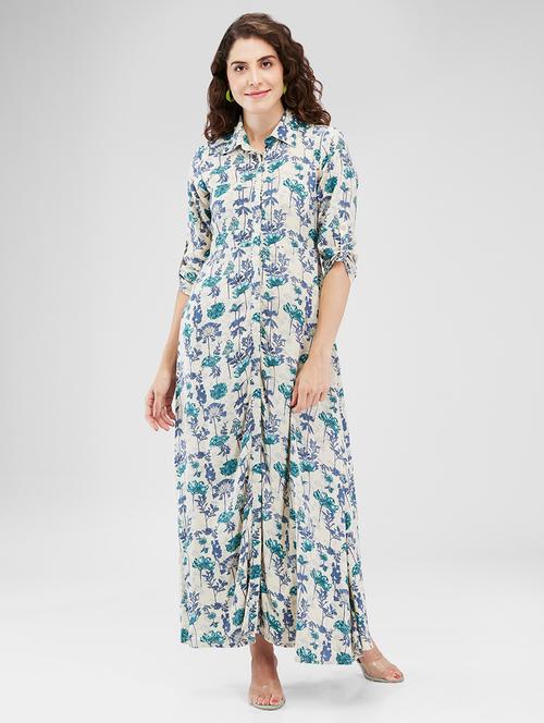 women floral printed roll up sleeves a-line dress - 21840420 - Very Small Image - 1