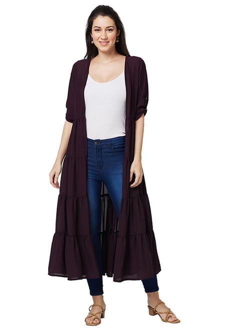 women solid roll-up sleeves tiered long shrug - 21840487 - Very Small Image - 1