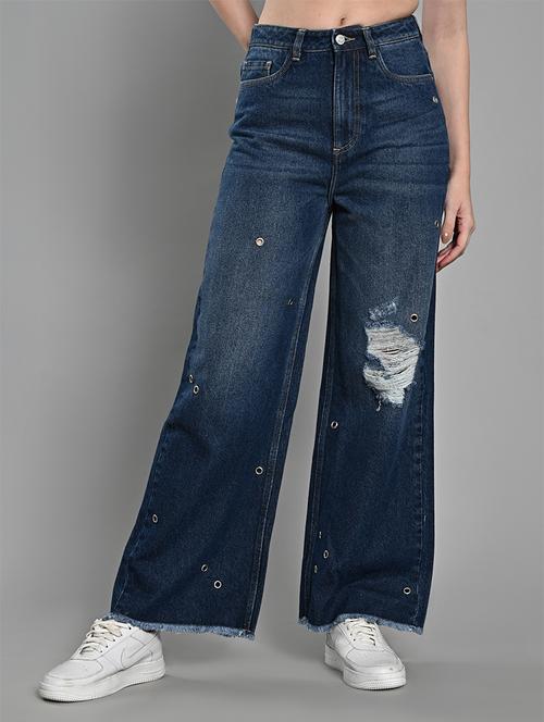 women distressed mid rise wide leg denim jean - 21840649 - Very Small Image - 1
