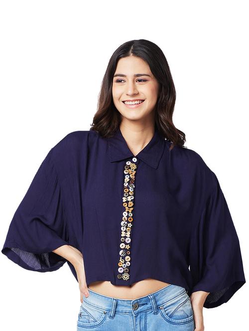 women navy blue solid collared crop shirt - 21840662 - Very Small Image - 1