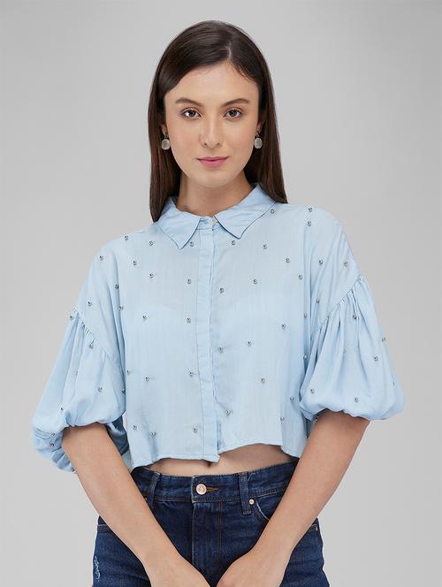 women light blue solid collared crop shirt - 21840663 - Very Small Image - 1