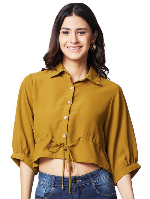 women tan solid collared crop shirt - 21840665 - Very Small Image - 1