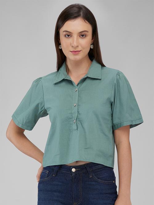 women solid collared short sleeves top - 21840675 - Very Small Image - 1