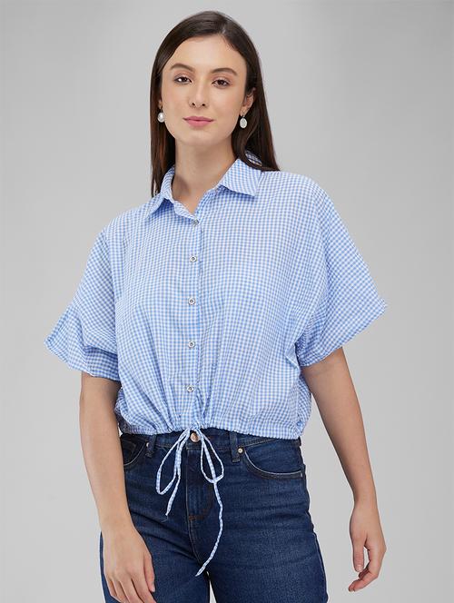 women light blue checkered short sleeve shirt - 21840679 - Very Small Image - 1