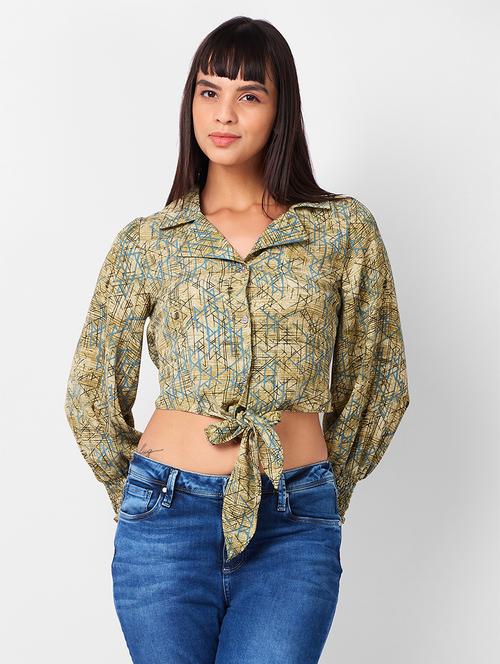 women printed collared puff sleeves crop shirt - 21840683 - Very Small Image - 1