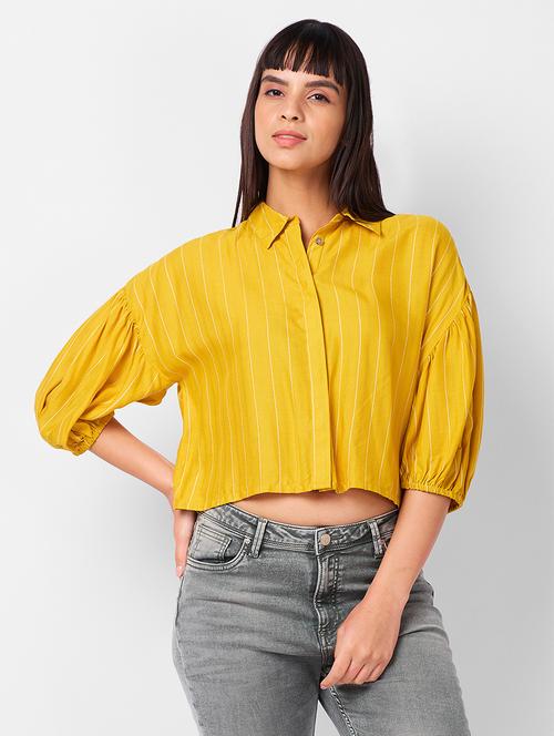 women striped collared puff sleeves crop shirt - 21840685 - Very Small Image - 1