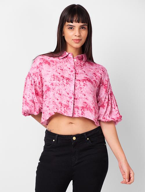 women pink tie & dye collared crop shirt - 21840686 - Very Small Image - 1