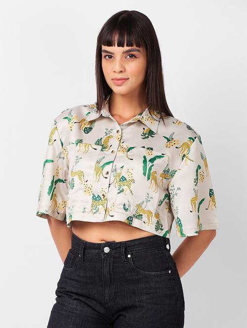 women beige printed collared crop shirt - 21840688 - Very Small Image - 1