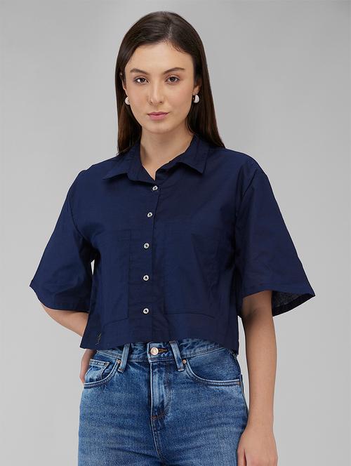 women navy blue solid collared crop shirt - 21840690 - Very Small Image - 1