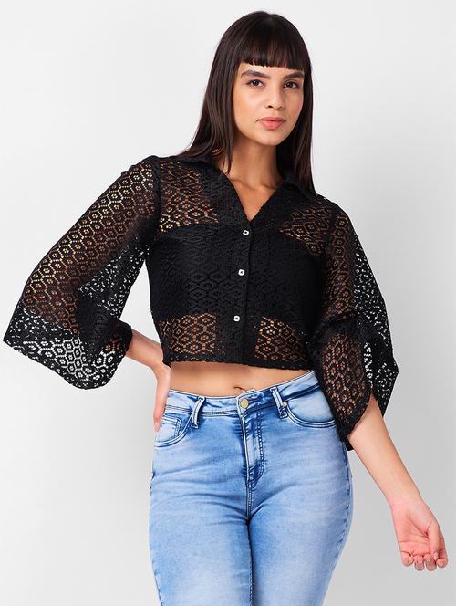 women laced bell sleeves crop shirt - 21840694 - Very Small Image - 1