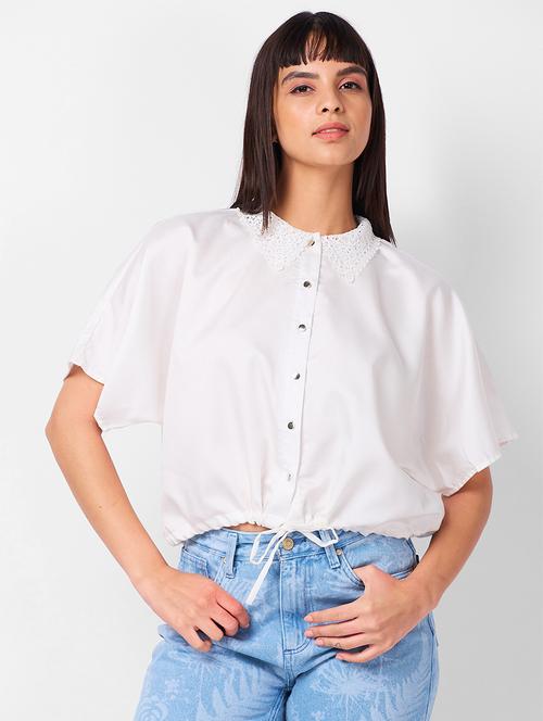 women solid laced collared crop shirt - 21840697 - Very Small Image - 1