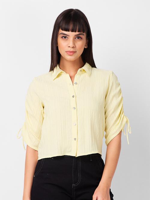 women solid collared ruched sleeves crop shirt - 21840702 - Very Small Image - 1
