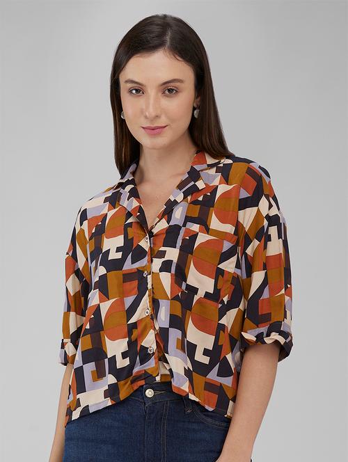 women geometric printed lapel collar crop shirt - 21840705 - Very Small Image - 1