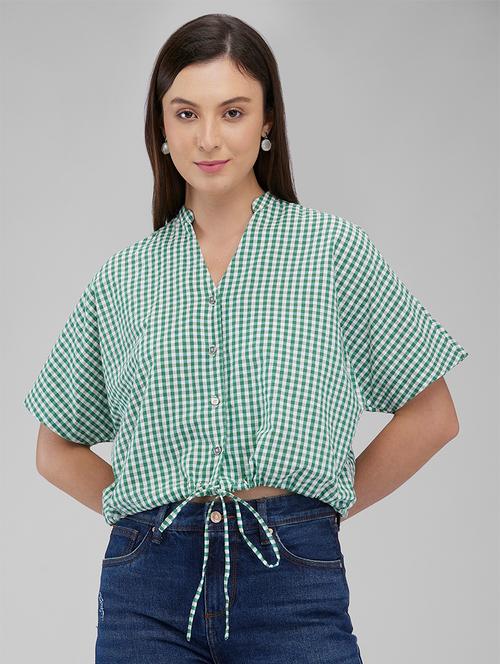 women checkered mandarin collar crop shirt - 21840708 - Very Small Image - 1