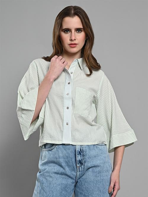 women striped collared bell sleeves shirt - 21840712 - Very Small Image - 1
