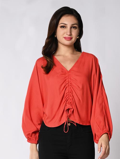 women solid puff sleeves ruched top - 21840716 - Very Small Image - 1