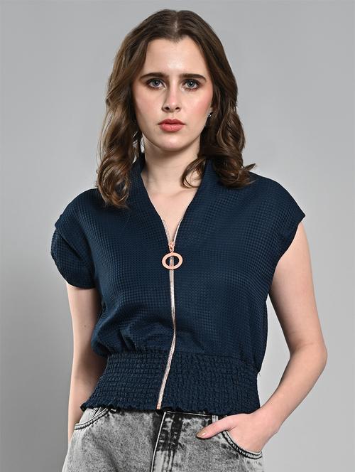 Women Solid Cap Sleeves Smocked Hem Top - 21840718 - Very Small Image - 1