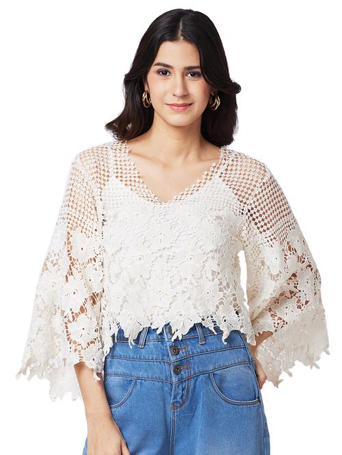 women laced bell sleeves crop top - 21840736 - Very Small Image - 1