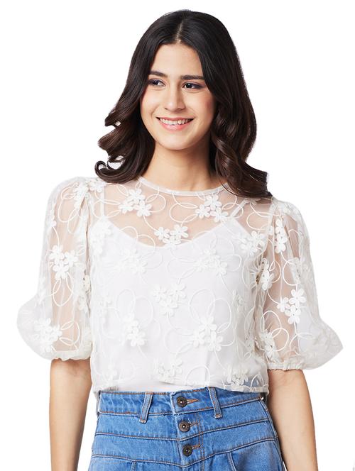 women laced puff sleeves crop top - 21840739 - Very Small Image - 1