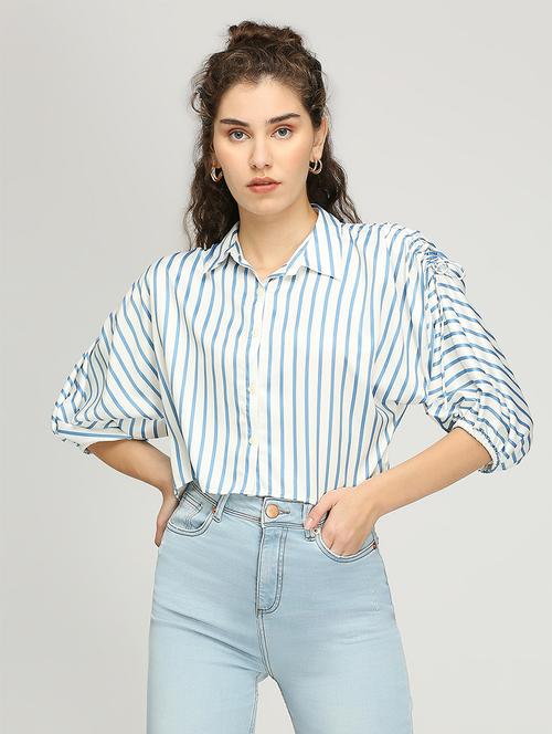 women striped collared puff sleeves crop top - 21840755 - Very Small Image - 1