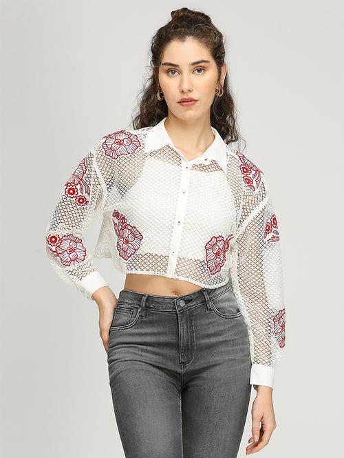 women embroidered collared crop top - 21840763 - Very Small Image - 1