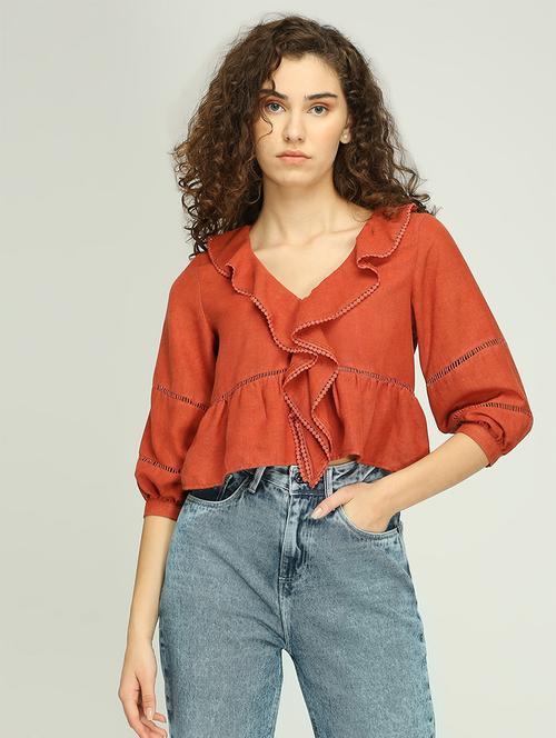 women solid ruffle detailed crop top - 21840766 - Very Small Image - 1