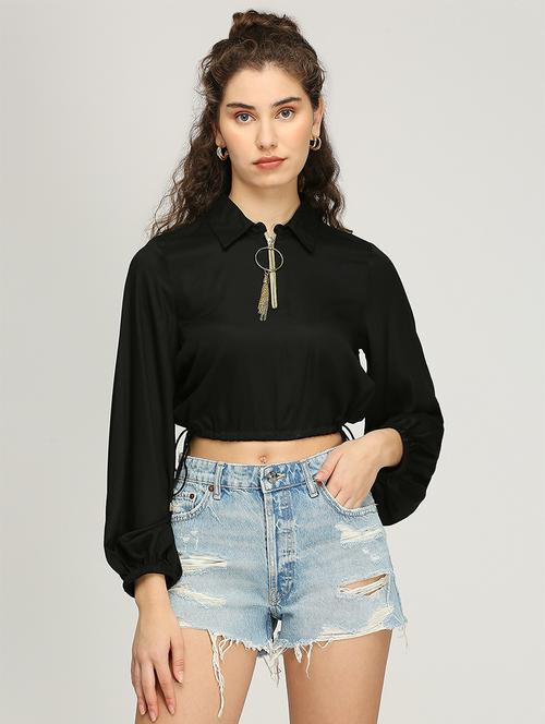 women solid collared puff sleeves crop top - 21840771 - Very Small Image - 1