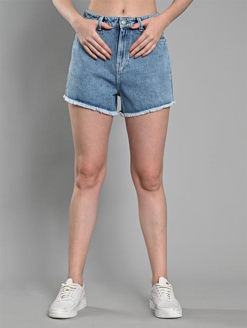 women solid mid rise denim short - 21840816 - Very Small Image - 1