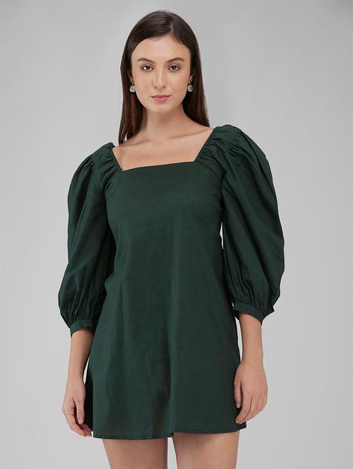 women solid puff sleeves a-line dress - 21840897 - Very Small Image - 1