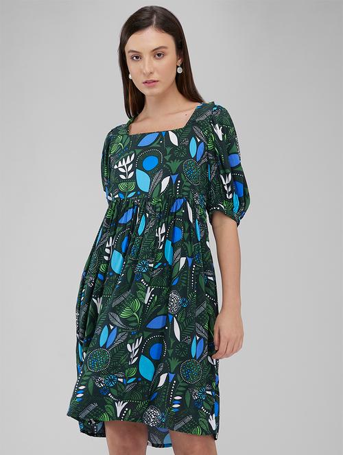 women printed puff sleeves fit & flare dress - 21840903 - Very Small Image - 1