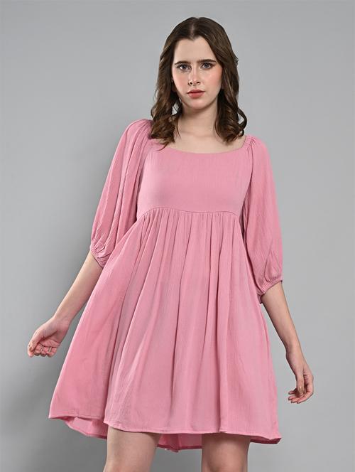 women solid puff sleeves fit & flare dress - 21840908 - Very Small Image - 1