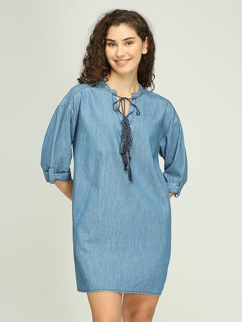 women solid roll up sleeves denim shift dress - 21840918 - Very Small Image - 1