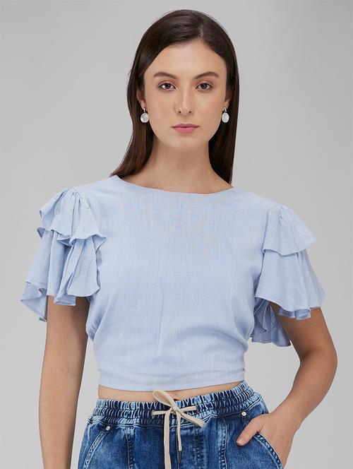 women solid ruffle sleeves crop backless top - 21840941 - Very Small Image - 1
